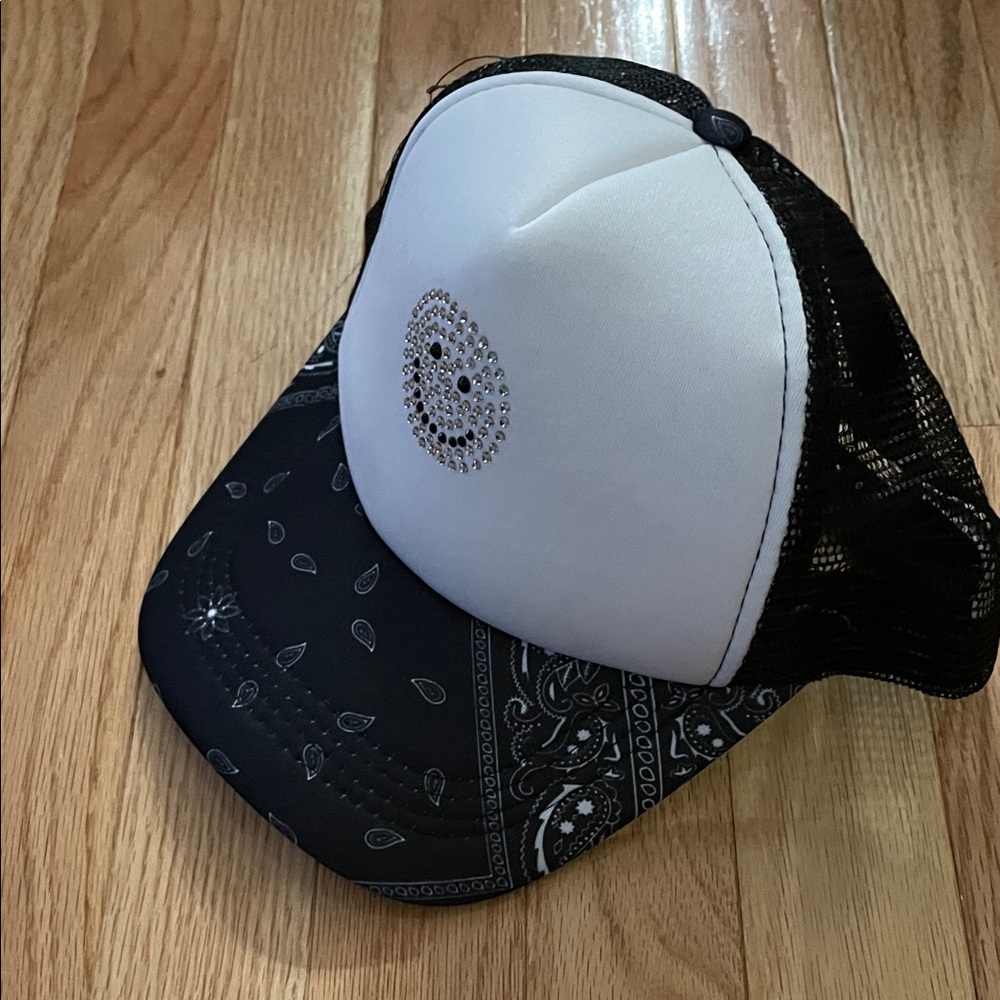 Black and White Trucker Hat with Rhinestone Design